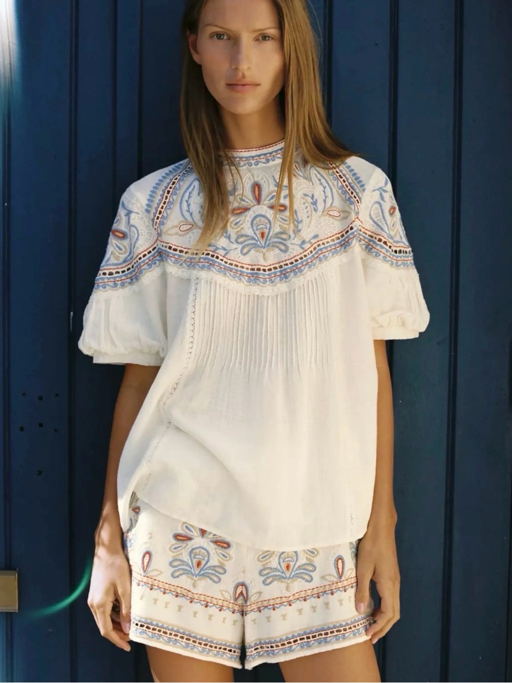 Zara Ivory Embroidered Puff-Sleeve Top and shorts matching set